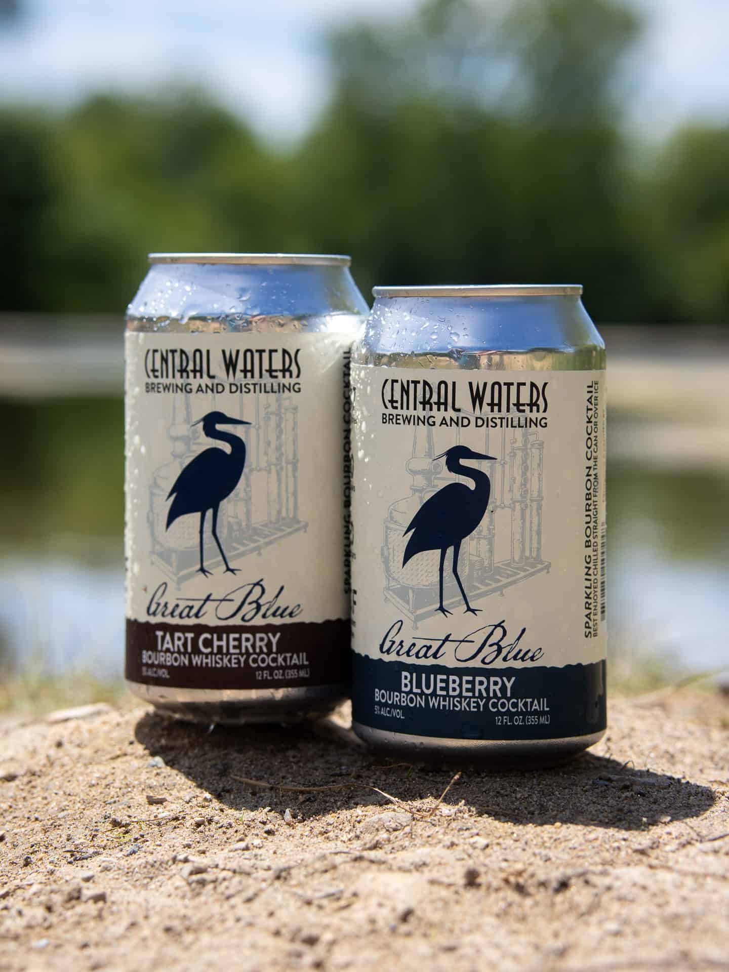 Great Blue Tart Cherry and Blueberry sparkling bourbon cocktails on the beach